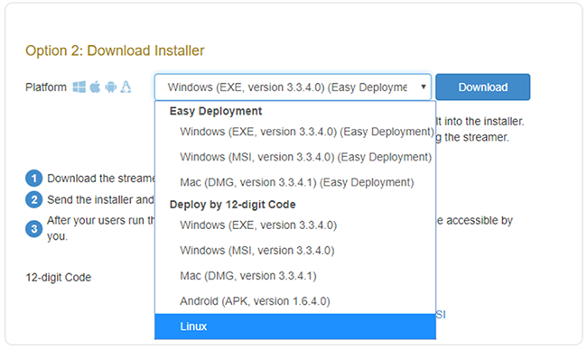 Captura de pantalla de despliegue de Linux
