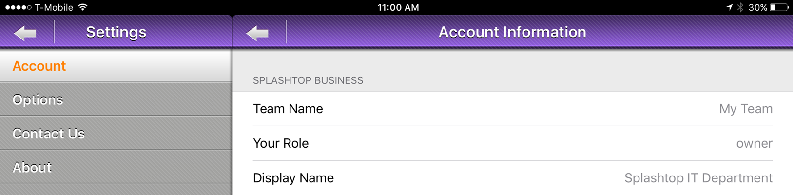 Splashtop Business Account Information Settings