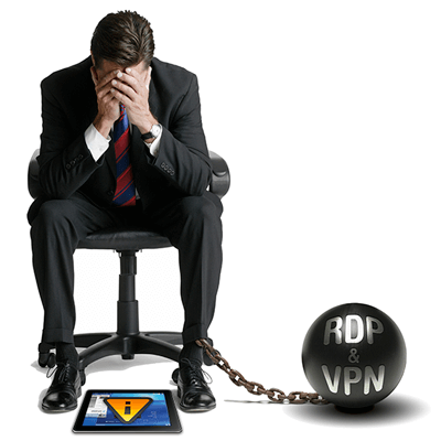 homem em bola e cadeia tendo um RDP sobre dor de cabeça VPN